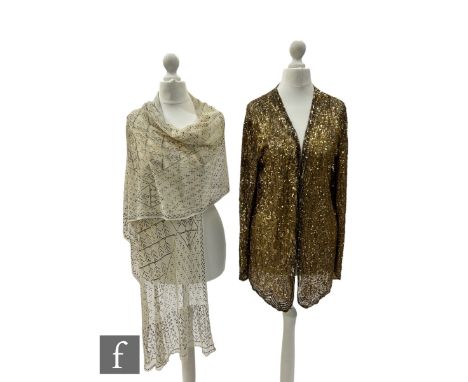 A 1920s French gold sequined long evening jacket with bugle bead chevron design and a 1920s white and gold assuit shawl. (2) 