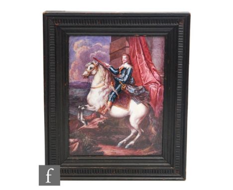 A 19th Century Battersea enamel plaque depicting Charles I on horseback after a painting by Van Dyck, inscribed on verso, fra