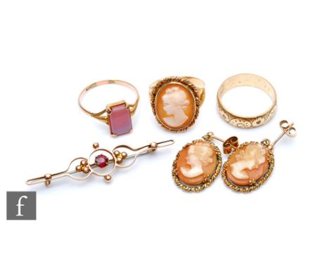 A 9ct gold cameo set dress ring, a pair of matching earrings, a 9ct gold agate set signet ring, a gold wedding band and bar b