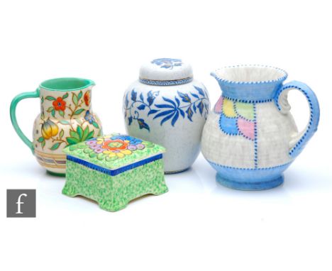 Four pieces of assorted Charlotte Rhead comprising a Crown Ducal square trinket box and cover decorated with a flowers agains