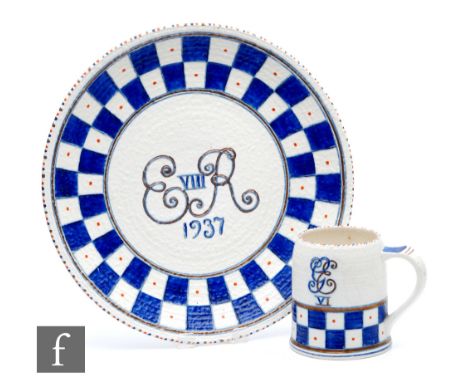 A 1930s Charlotte Rhead for Crown Ducal charger commemorating the 1937 Coronation of Edward VIII in blue and white with a tub