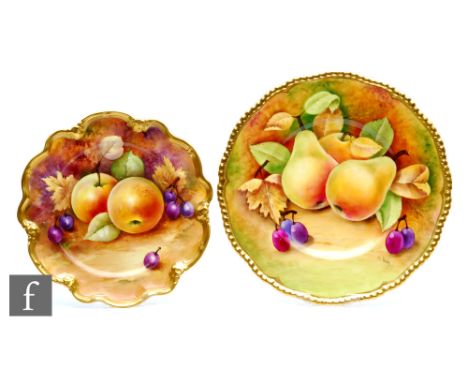 Two Coalport cabinet plates, the first with a wavy edge, decorated by P. Gosling with hand painted apples and black grapes, t