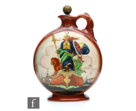 A Royal Doulton Dewar's Whisky advertising flask decorated with Britannia, Neptune and a lion aboard a wooden ship preceding 