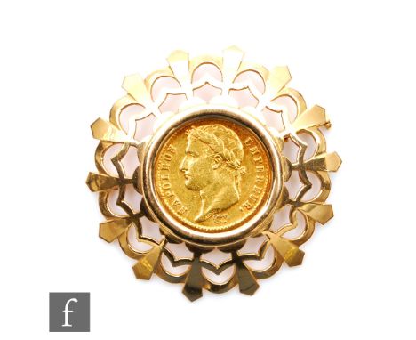 A Napoleon twenty Franc coin dated 1812, loose to an 18ct pierced brooch mount, total weight 16g. 