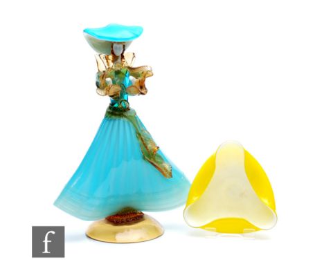 A 20th Century Murano glass female figure in period dress in blue with applied amber details, raised to a domed base, height 