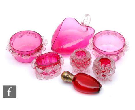 A collection of late 19th Century Stourbridge ruby and cranberry glass to include a compressed tear drop scent bottle with si