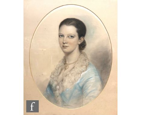 ENGLISH SCHOOL (MID 19TH CENTURY) - Portrait of a young lady in a lace collared dress and pearls, pastel drawing, signed indi