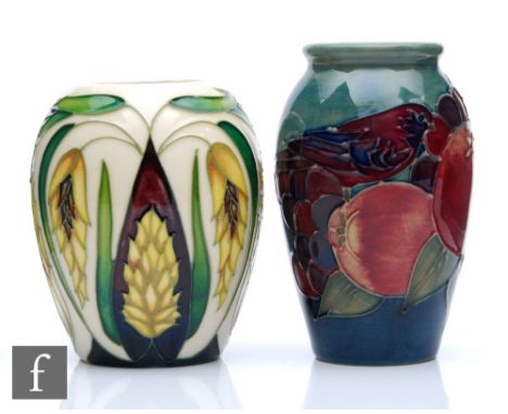 Two small Moorcroft Pottery vases, the first decorated in the Finches pattern, the second&nbsp;of ovoid form decorated in the