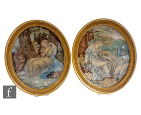 A pair of 19th Century silkwork embroidered pictures, both with transfer printed and work in coloured threads, the first with