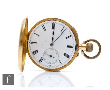 An 18k gold half hunter fob watch, white enamel dial and blue enamel numerals, monogram to the reverse. 