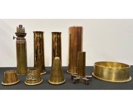 WW2 British Trench Art Collection comprising of two vases made from 40mm Bofors cases, unfinished 6prd anti tank gun case, th