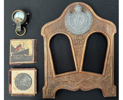 WW1 British Royal Engineers Trench Art Photo Frame, WW1 British Lusitania Medal in box and a Compass by "F Barker &amp; Son, 