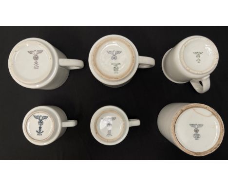 WW2 Third Reich Heer Issue Ceramic Cups and Mugs x 6. All are marked with the Heer pattern eagle and are maker marked. 