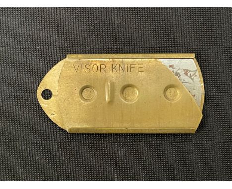 WW2 British / US "Visor Knife" escape and evasion blade, a brass scabbard designed to carry a razor blade which could be worn