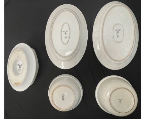 WW2 Third Reich Heer &amp; Kregsmarine Issue Ceramic Bowls, Chargers and Gravy Boat. All eagle marked. (5) 
