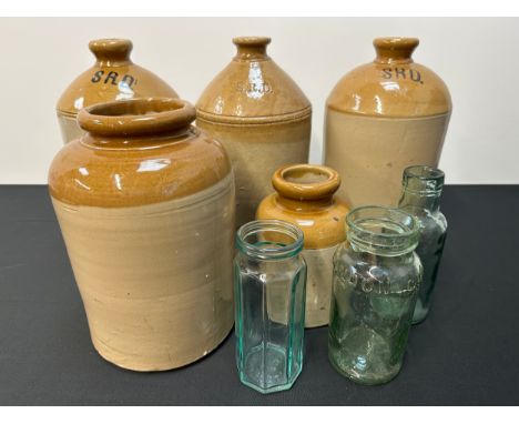 WW1 British SDR Rum Ration Ceramic Jars x3 plus two other ceramic jars and three glass jars recovered from former British pos