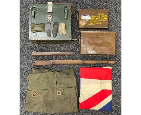 British Army Wireless Battery Box, British Army 7.62mm ammo tin, British Army .50cal ammo tin, unknown wooden rifle stock, ri