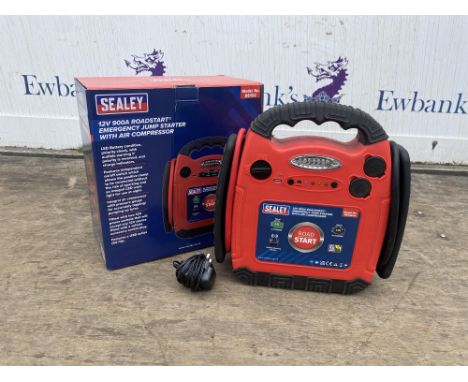 Sealey Road Start 12v Emergency jump starter with air compressor 900 Amps. Please note this lot has the standard Ewbank's sta