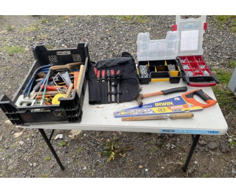 Box of various tools. Including hammers, Forge steel file set, box of screw and raw plugs. Please note this lot has the stand