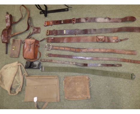 Leather swagger stick and quantity of mixed military leather belts and case, saddle, tack, etc