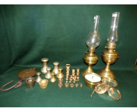 2 brass oil lamps weather barometer brass compass and qty of mixed brass weights