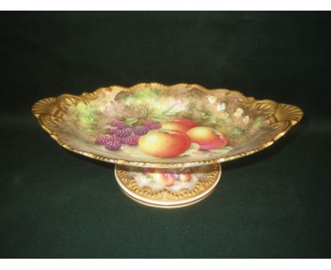 Royal Worcester bone china pedestal dish painted with fruit by M Johnson, printed marks in black 30.5cm wide