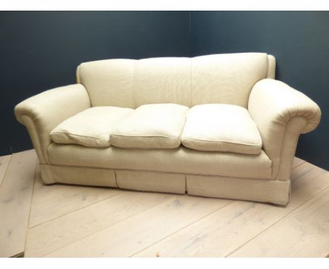 Edwardian 3 seater sofa, upholstered in neutral grey/cream fabric, in fair to good condition, some piling to fabric in places