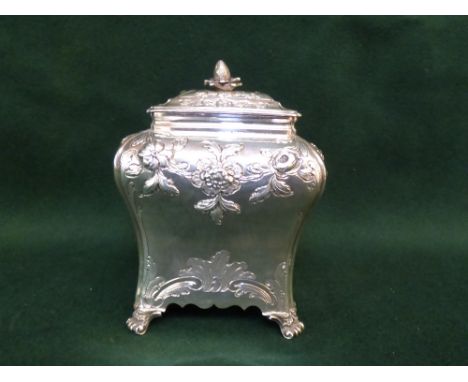 Hallmarked silver tea caddy with embossed floral decoration by PG of London