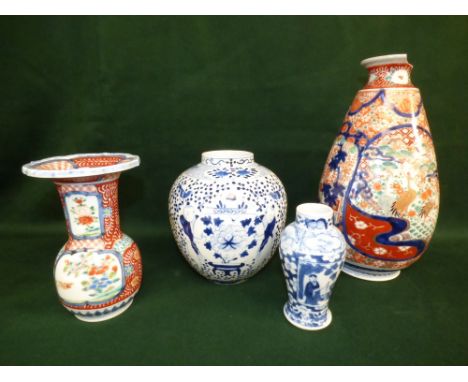 Two late C19th Japanese Imari vases and two Chinese blue and white pieces