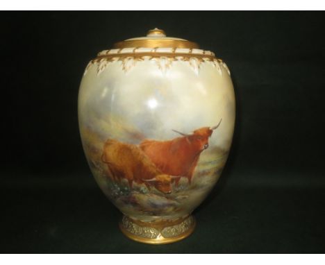 Royal Worcester ovoid jar & cover, painted with Highland Longhorn cattle in a mountainous landscape by J. Stinton. Shape No. 