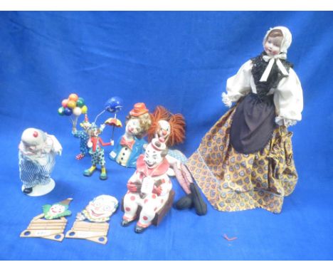 5 Vintage clown toy figures/clown puppets and French doll the body made from champagne bottle, Didgeridoo and wood boot last 