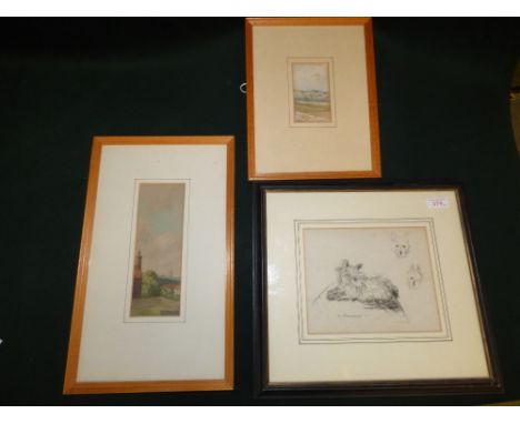 Kate Cameron (Scottish) Study of terriers, pencil sketch signed, 16x20cm. Martin Hardie pair of watercolour landscapes