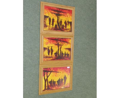 R N Lyimo (C20th African) A set of three African tribal studies, oils signed 30cmx40cm (3)