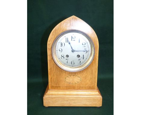 Small inlaid honey coloured oak twin train striking bracket clock in pointed arched case 34cm high
