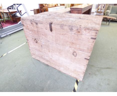 Large vintage plank constructed chest with iron hinges and brackets 132cm W x 100cm H