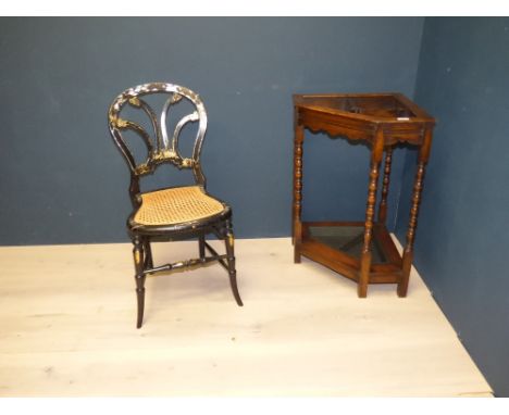 Victorian ebonised mother of pearl inlaid bedroom chair and an oak stick stand and Georgian mahogany tea table