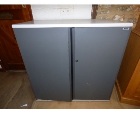 Grey metal cupboard with shelf