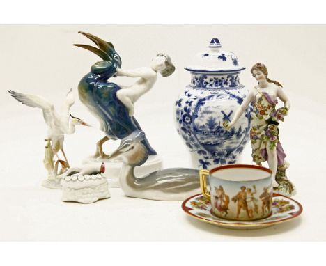 A collection of ceramics, to include a Meissen figure, a Royal Copenhagen grebe, a Rosenthal figure and other Vienna porcelai