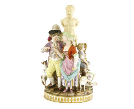 A large Meissen group, of a courting couple, he offering her a ring, a rival hiding behind an herm, with a dog, a lamb and a 