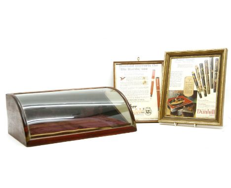 Two glazed shop display cases, and a collection of Conway, Waterman and other fountain pen advertising posters, mostly framed