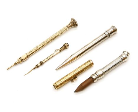 Two gold telescopic action propelling pencils, one marked 18ct. a gold cased telescopic tooth pick, a sterling silver 'Everpo