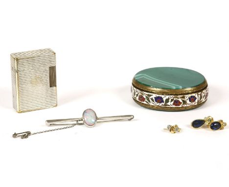 A single stone oval cabochon opal bar brooch, (tested as silver), a pair of silver gilt diamond cluster studs, a pair of gilt