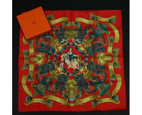 A Hermes silk scarf 'Europe', designed by J Mezt, red ground with printed design in original Hermes box, and a Must de Cartie