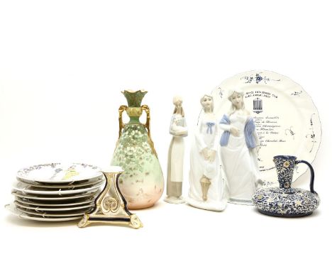 A set of Six Villeroy and Bosch plates with pictoral centres of Art Deco ladies, together with two similar and a Nao figure a