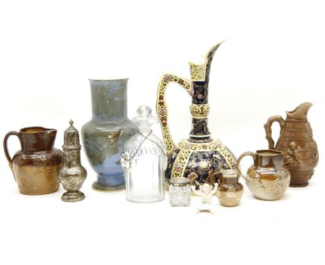 A collection of ceramics, to include Doulton Lambeth salt glazed jugs, a Continental spill vase, a Georgian spirit decanter, 