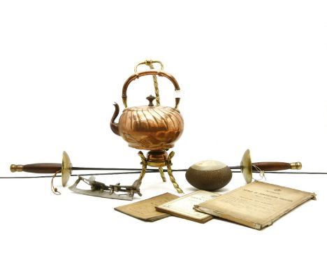 Two foils, a Victorian brass and oak pen stand, a copper kettle on stand, a collection of ice skates, a carved kangaroo ostri