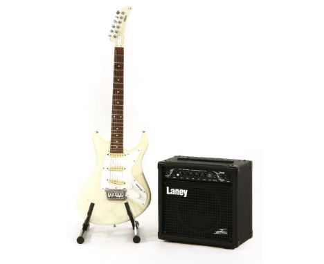 A Yamaha SC 300T electric guitar, cica 1980, with a pearlescent finish, together with a Lancy LX20/R practice amplifier