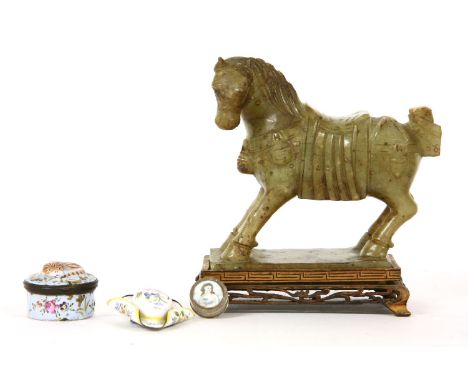 A late 18 to early 19th Century white metal patch box, with miniature portrait to the lid, together with a Staffordshire enam