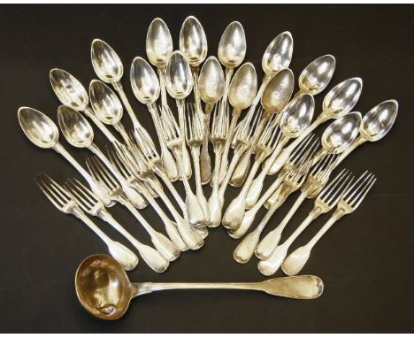 A collection of French silver, part canteen of cutlery, comprising ten dessert spoons, nine table spoons, ten table forks, si