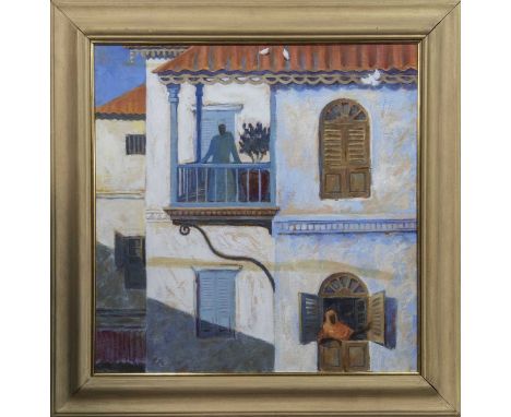 * DIANE RENDLE, MORNING IN STONETOWN oil on panel, signed image size 73cm x 73cm, overall size 95cm x 95cm Framed and under g